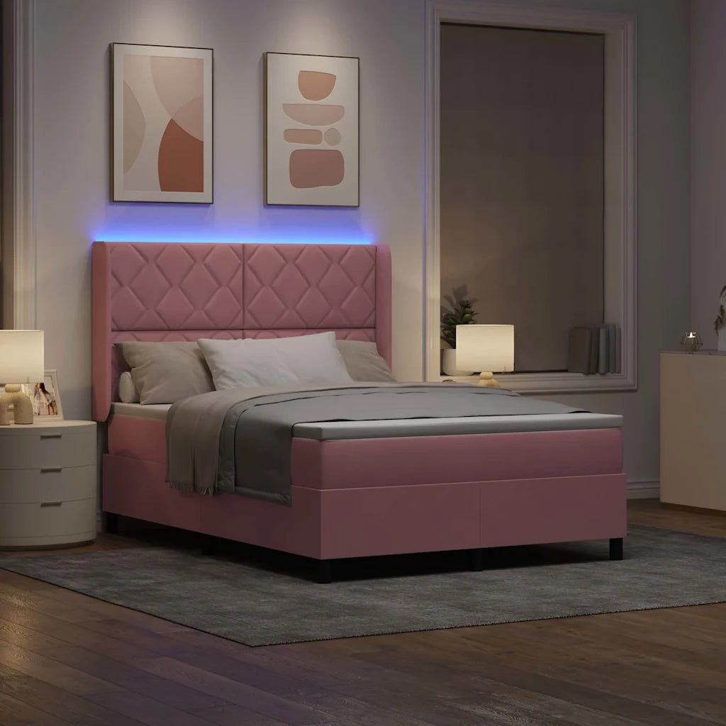Letto con Box Springs LED e Materasso Rosa 140 x 190 cm Velluto 3343921