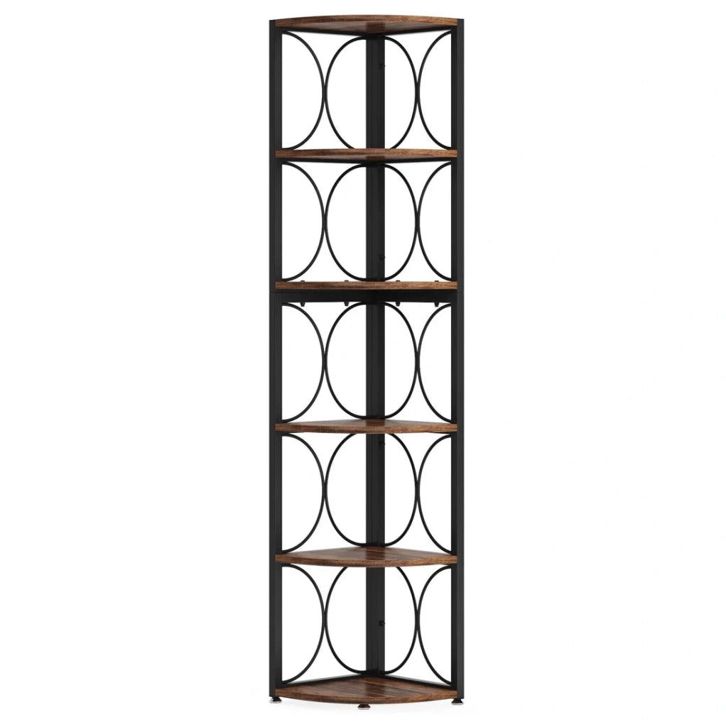 Scaffale angolare a 6 ripiani in metallo e legno nero e marrone rustico