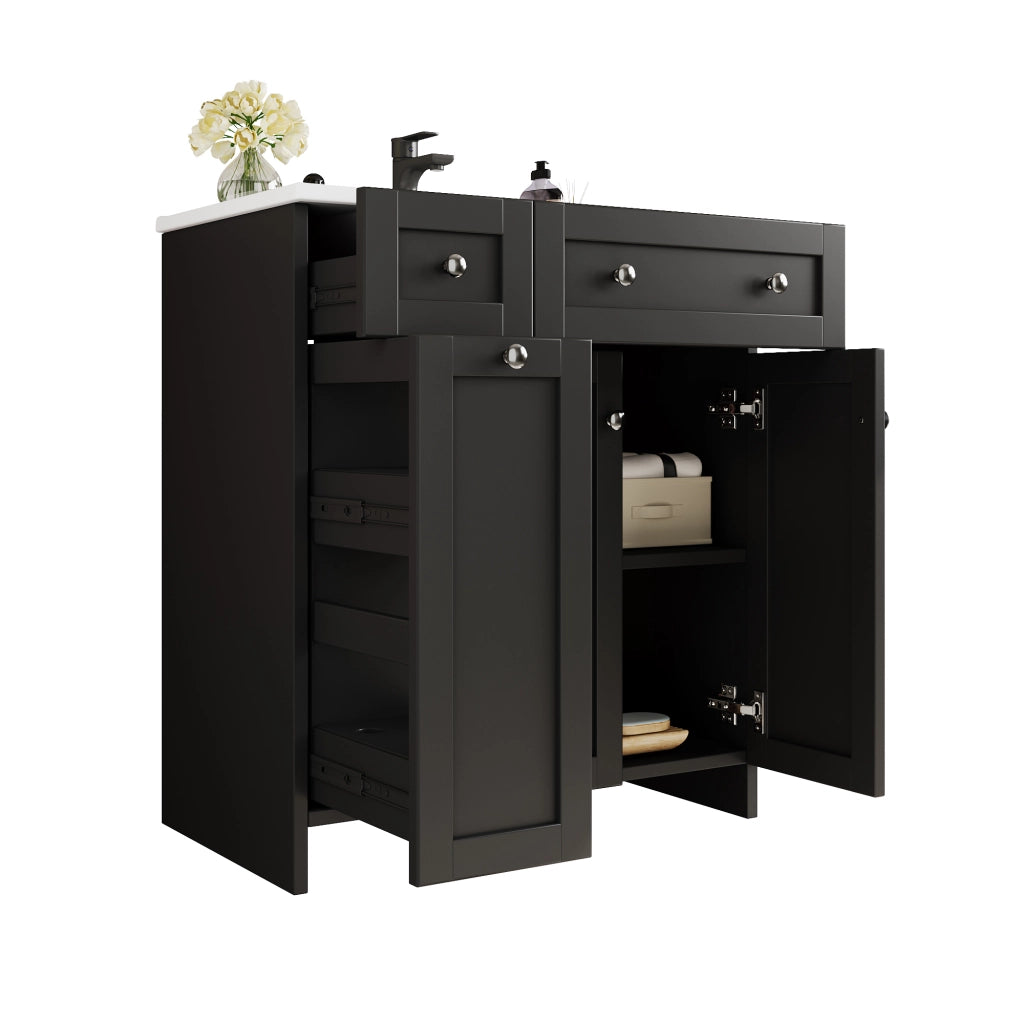 Mobile lavabo bagno freestanding nero 76x47x86 cm con lavello in ceramica e 3 cassetti