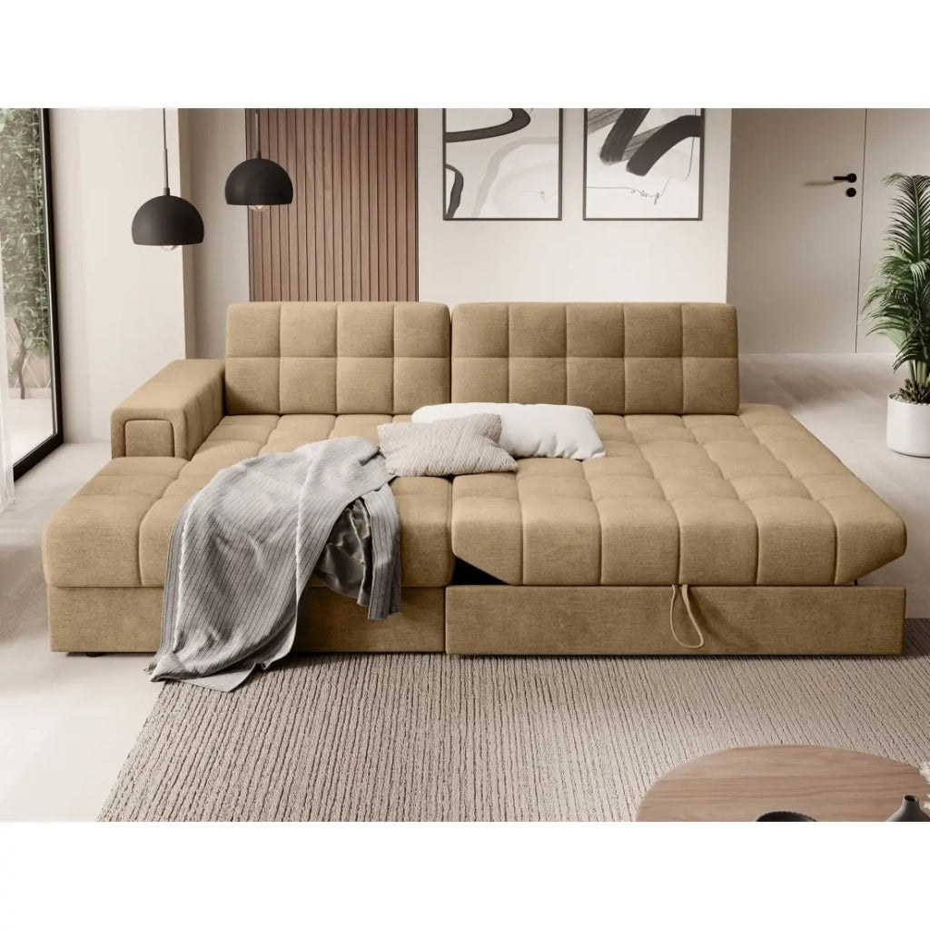 Divano angolare trasformabile CUBITO beige 240 cm con contenitore e letto
