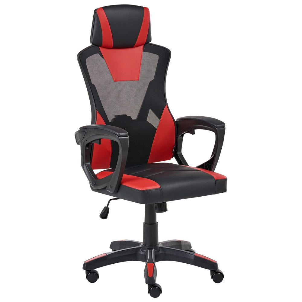 Sedia da ufficio in ecopelle nero e rosso, regolazione in altezza con pistone a gas, funzione di inclinazione, rotazione a 360°, schienale e braccioli regolabili
