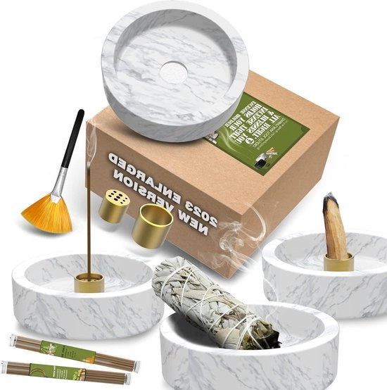 Sostegno per astine di incenso in marmo - Grande sostegno per astine di incenso e Palo Santo - Cattivo fumo con astine di incenso - Regalo - Bianco grigio