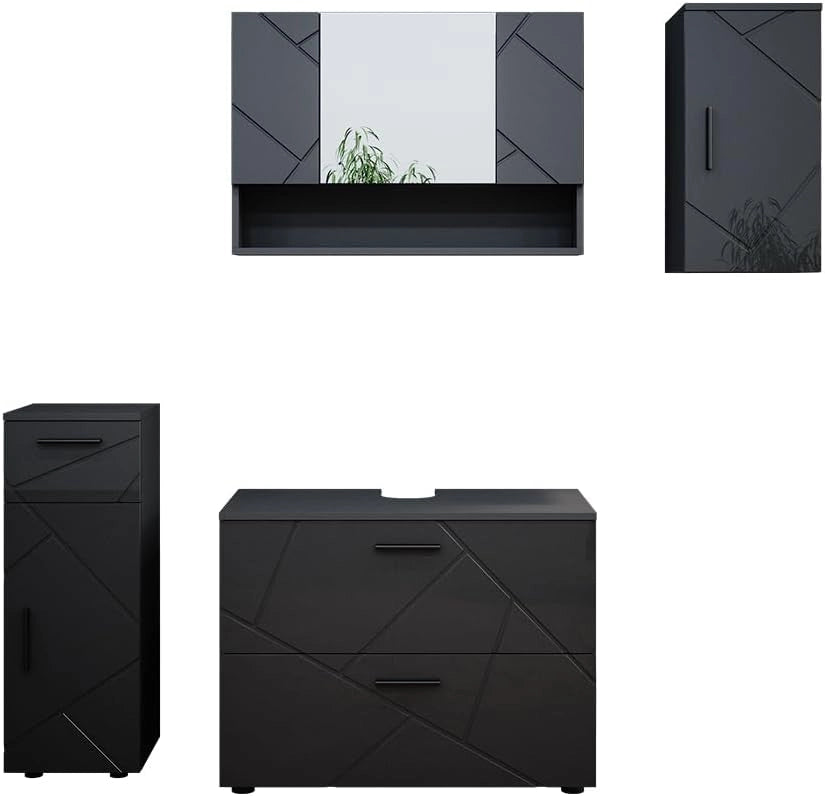 Set mobili bagno Irma, Antracite lucido, 80 cm, composto da mobile sottolavabo, specchiera, armadio medio e pensile