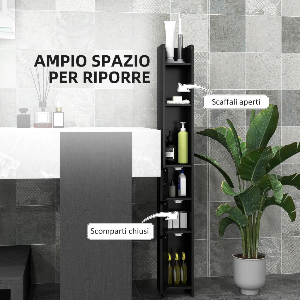 Colonna Bagno con Mensole e Armadietti ¨C Zephmum ¨C Legno 15x17x120cm Nero