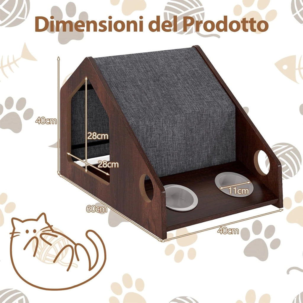 Casetta in Legno per Gatti da Interni, Condo per Gatti con Stazione di Alimentazione, Tetto Rimovibile e Struttura in Metallo, Cuccia per Gattini in Stile Fattoria, 60 x 40 x 40 cm