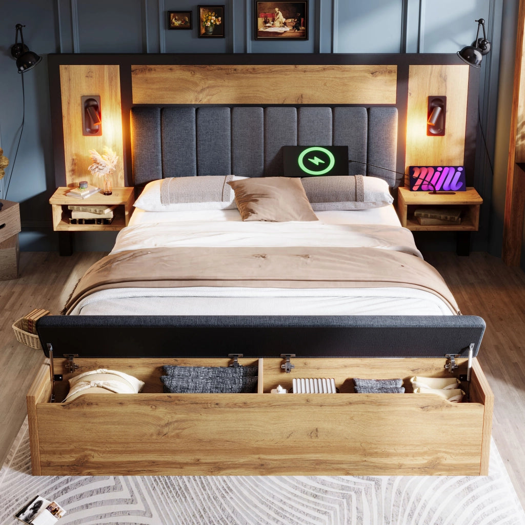 LETTO imbottito 160x200 cm Rovere con comodini, luci lettura e panca contenitore