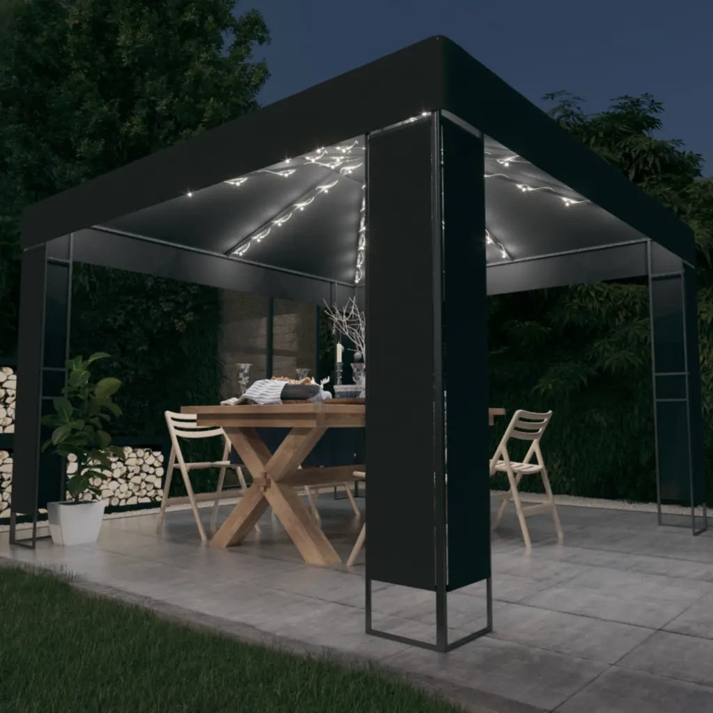 Gazebo | Pergolato con Tetto Doppio e Stringa di Luci LED 3x3 m Antracite