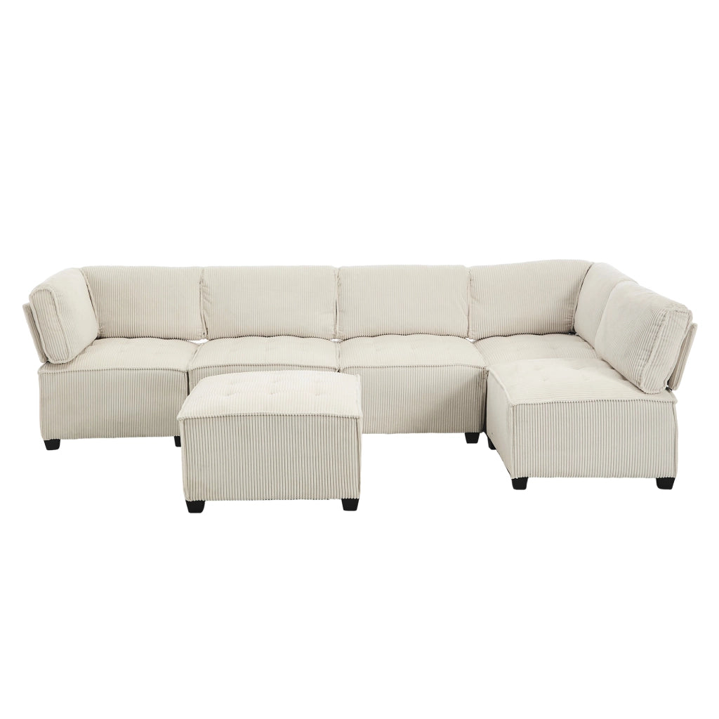 Divano modulare 6 posti in velluto a coste beige; configurabile a U; L o letto