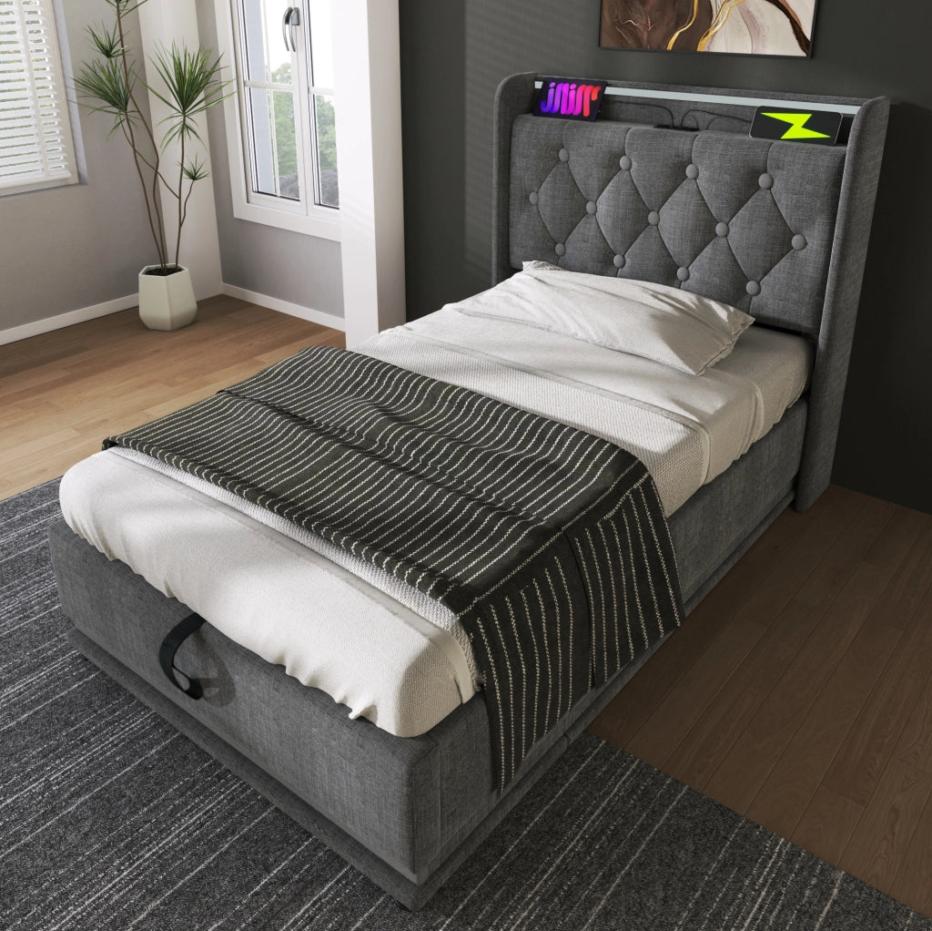 Letto singolo 90x200 cm con LED, contenitore idraulico e testiera con USB Tipo-C