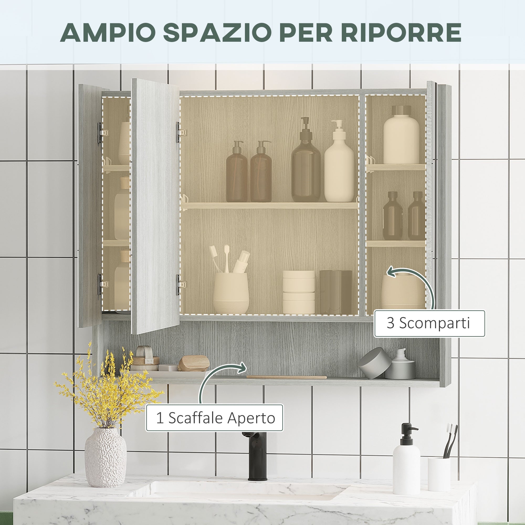 Armadietto a Specchio per Bagno con Ripiani Regolabili 3 Porte e Mensola 90x15x75 cm Grigio
