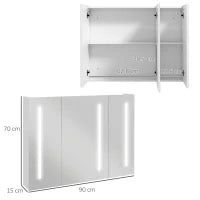 kleankin Armadietto con Specchio con Ripiani Regolabili e Luci LED a 3 Colori, in MDF e Vetro, 90x15x70 cm, Bianco