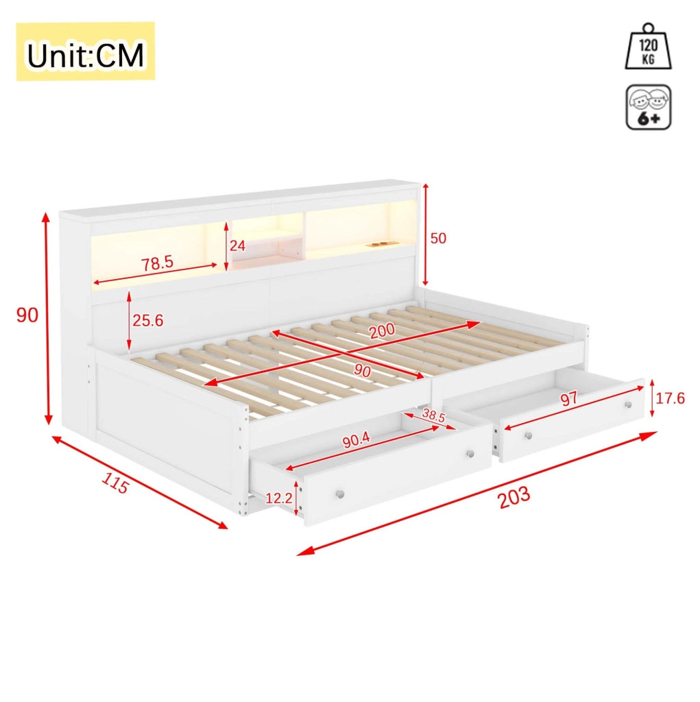 Letto daybed 90x200 cm con LED, USB e 2 cassetti