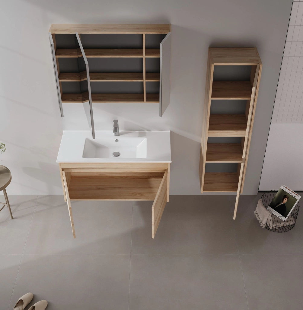 Set mobile lavabo con specchio (2 pezzi) "Side 100 v3" - 100 x 45 x 52 cm - Rovere