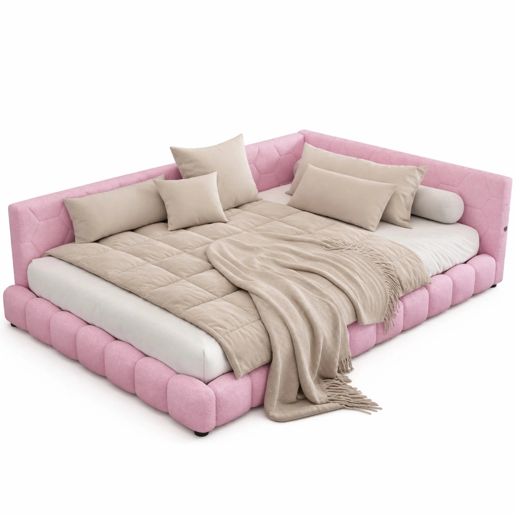 Divano letto 140x200 cm in velluto con LED; USB e Type-C; rosa