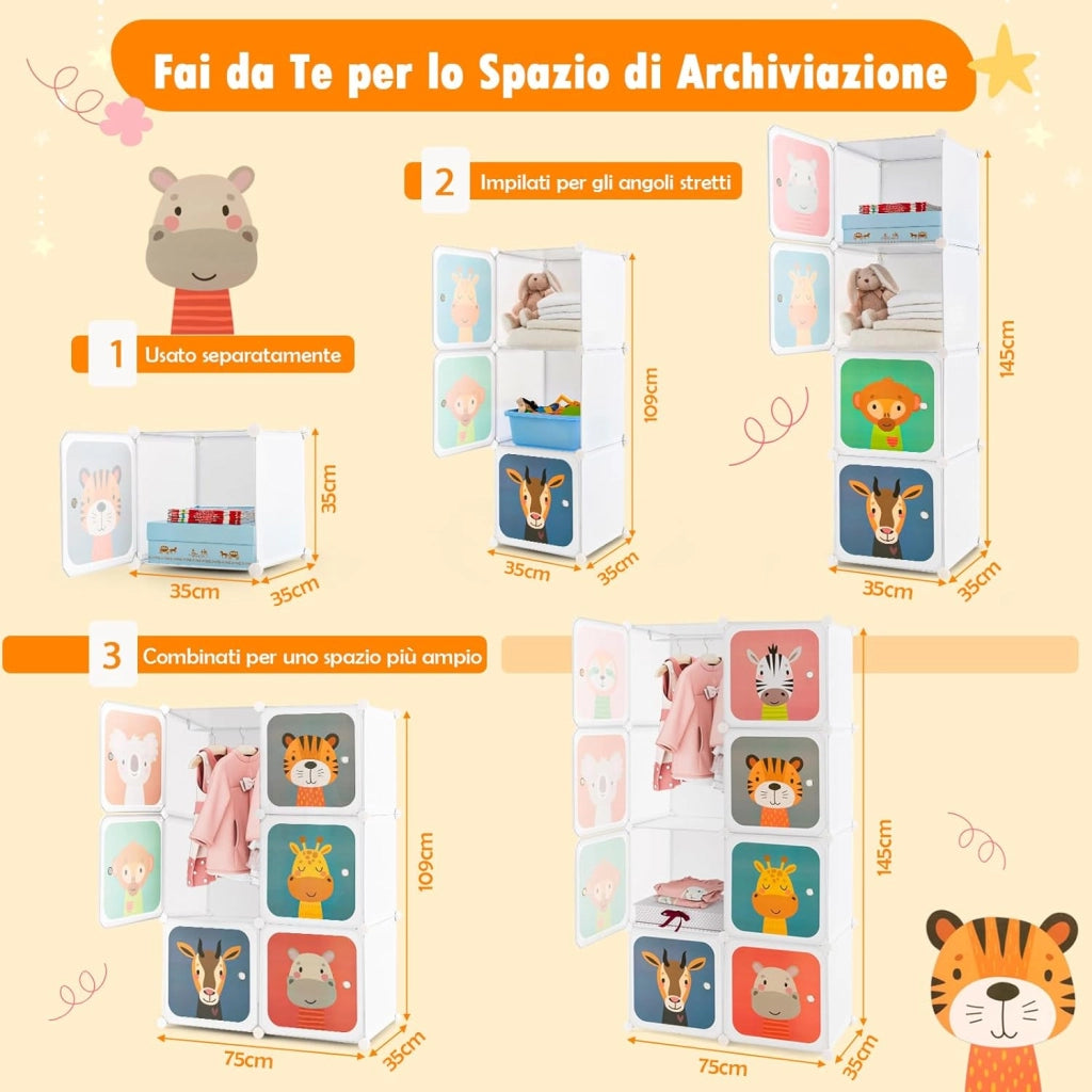 Guardaroba Portatile per Bambini, Armadio Guardaroba Modulare per Bambini con 8 Cubi, per Soggiorno, Camera da Letto, 75 x 35 x 145 cm