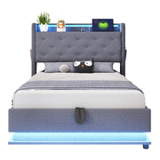 Letto Singolo 90x200 cm; Contenitore; LED; 3 USB e Type-C - Imbottito in Tessuto Grigio