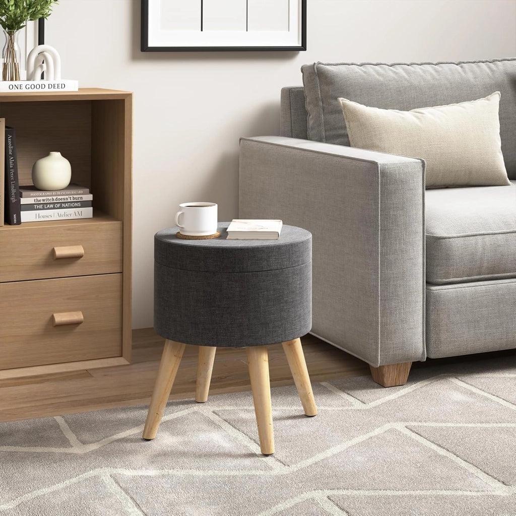 Pouf Contenitore Sgabello Basso Sedia Rotonda Poggiapiedi Gambe in Legno Grigio Scuro