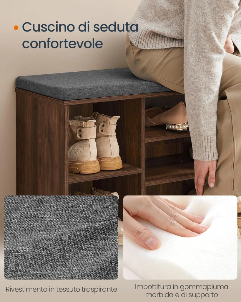SONGMICS HOME Panca Scarpiera, Montaggio Rapido Senza Attrezzi Toolless, Panchina con Scomparti Aperti, Ripiani Regolabili, Portascarpe, Noce Naturale e Grigio Ardesia LHS391KE02