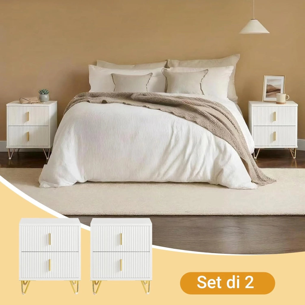 Set di 2 Comodino Camera da Letto - Comodino con 2 Cassetti, Tavolino Salotto - Moderna Cassettiera L40 x P40 x A47 cm Bianco FBT115-Wx2