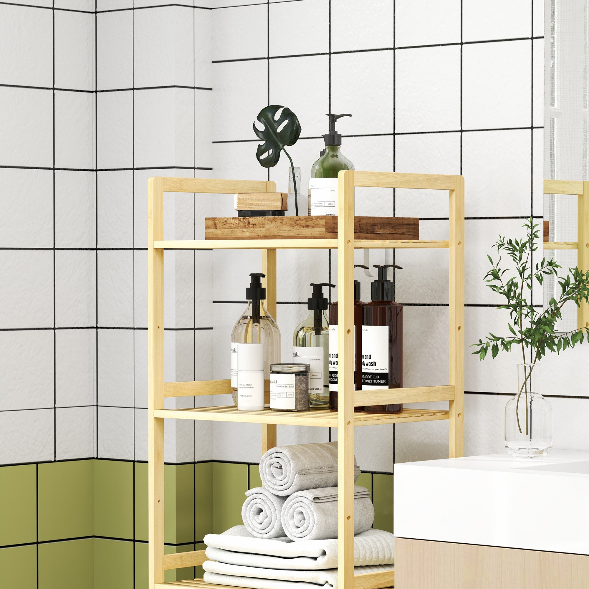 Scaffale Bagno 43,5x31,5x142 cm  a 5 Ripiani Regolabili in Bambù
