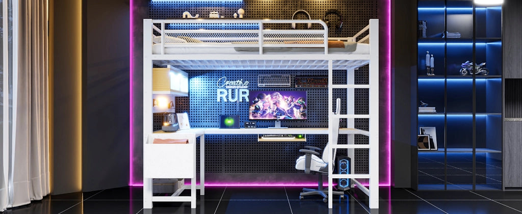 DESMIU Lit mezzanine 90 × 200 cm con scrivania, ripiani, LED, prese e USB, senza materasso, bianco