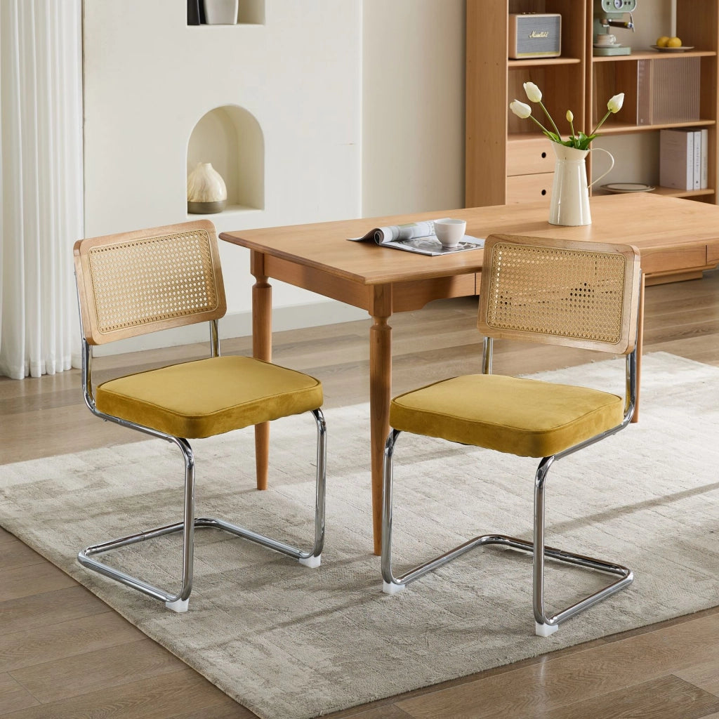 Sedie da Pranzo Set 2 Pezzi in Velluto con Schienale in Rattan ¨C MINIMAL ¨C Struttura Cromata, Oro