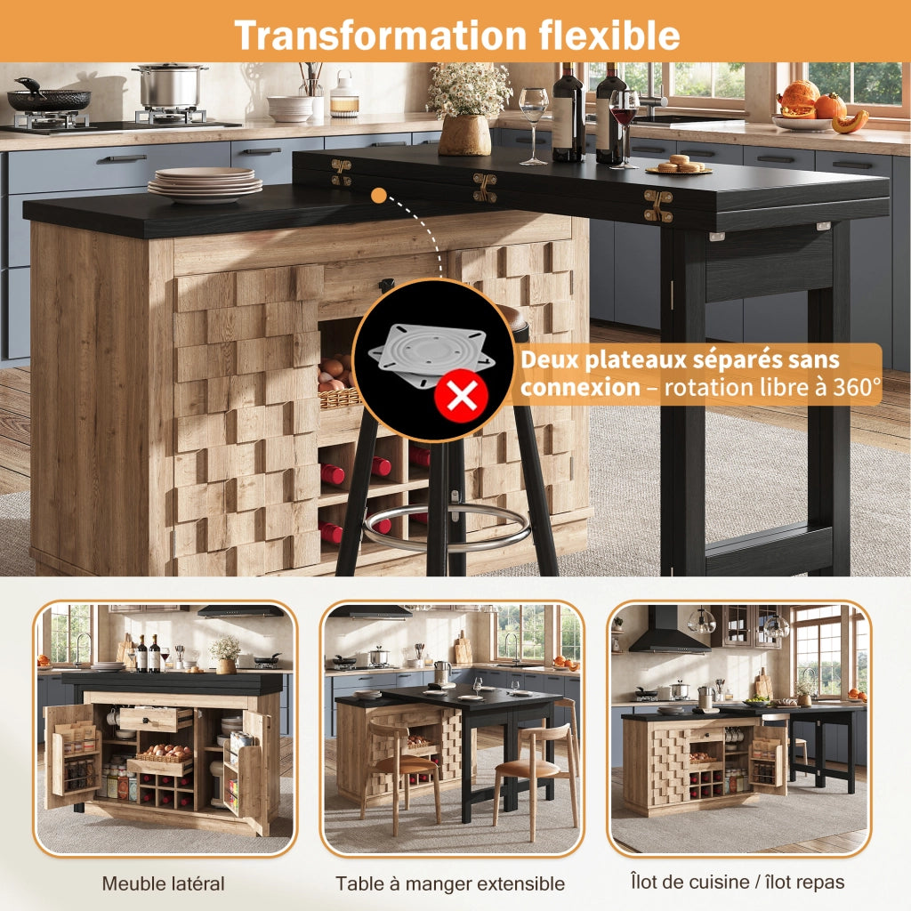 Credenza da cucina girevole 360° con 2 piani; 1 cassetto; portabottiglie rimovibile; per cucina; 120-197 × 40 × 74.2 cm
