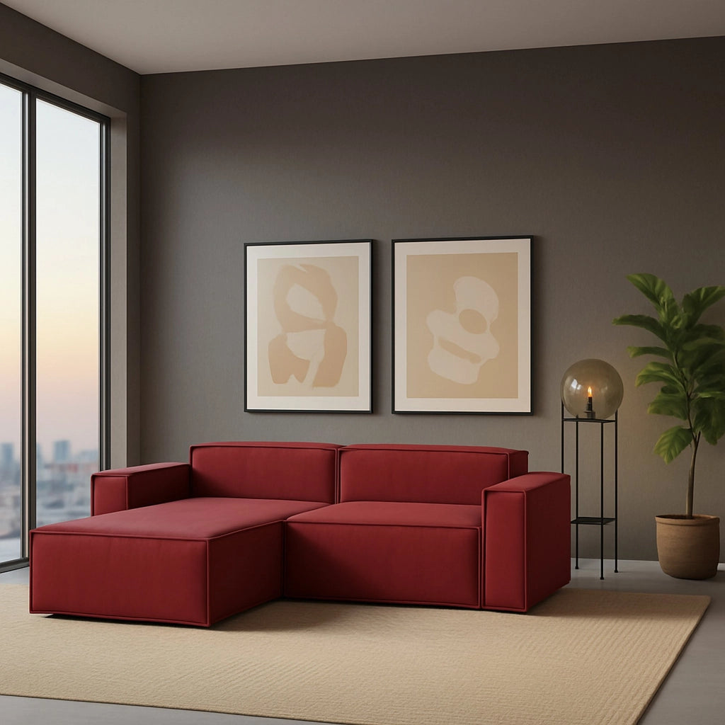 Divano fisso Assurte, Divano componibile a 2 posti large con penisola sinistra, Made in Italy, SofÒ  moderno in tessuto, Cm 240x170h70, Rosso