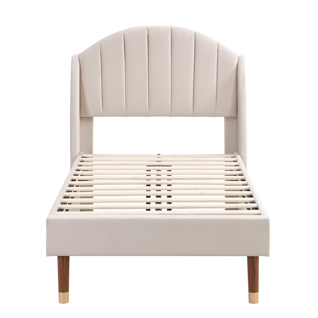 Letto singolo imbottito 90x200 cm in velluto beige con rete a doghe e testiera