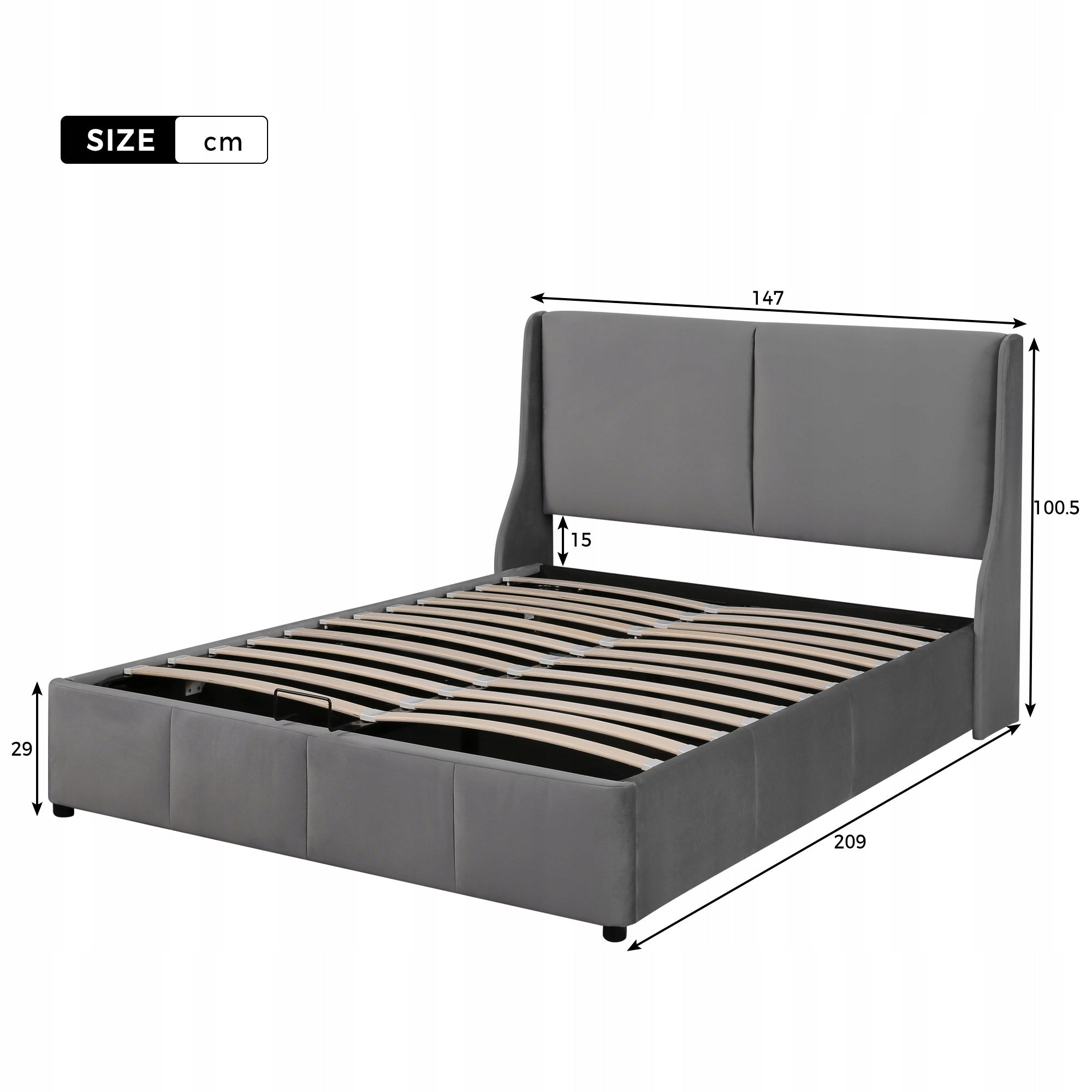 Letto 140x200cm - Xylo - Uszate, Idraulico, Grigio, Senza Materasso