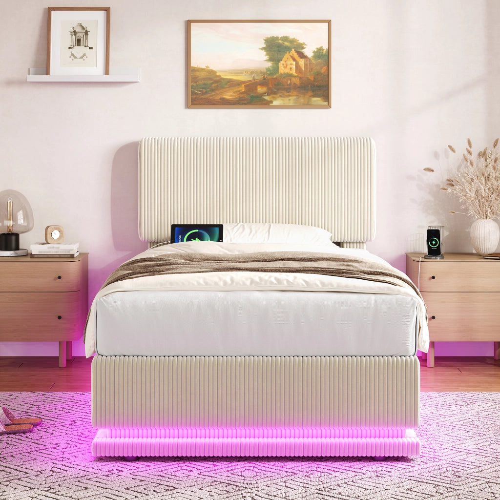 Letto imbottito con LED USB regolabile 90x200 cm velluto a coste beige