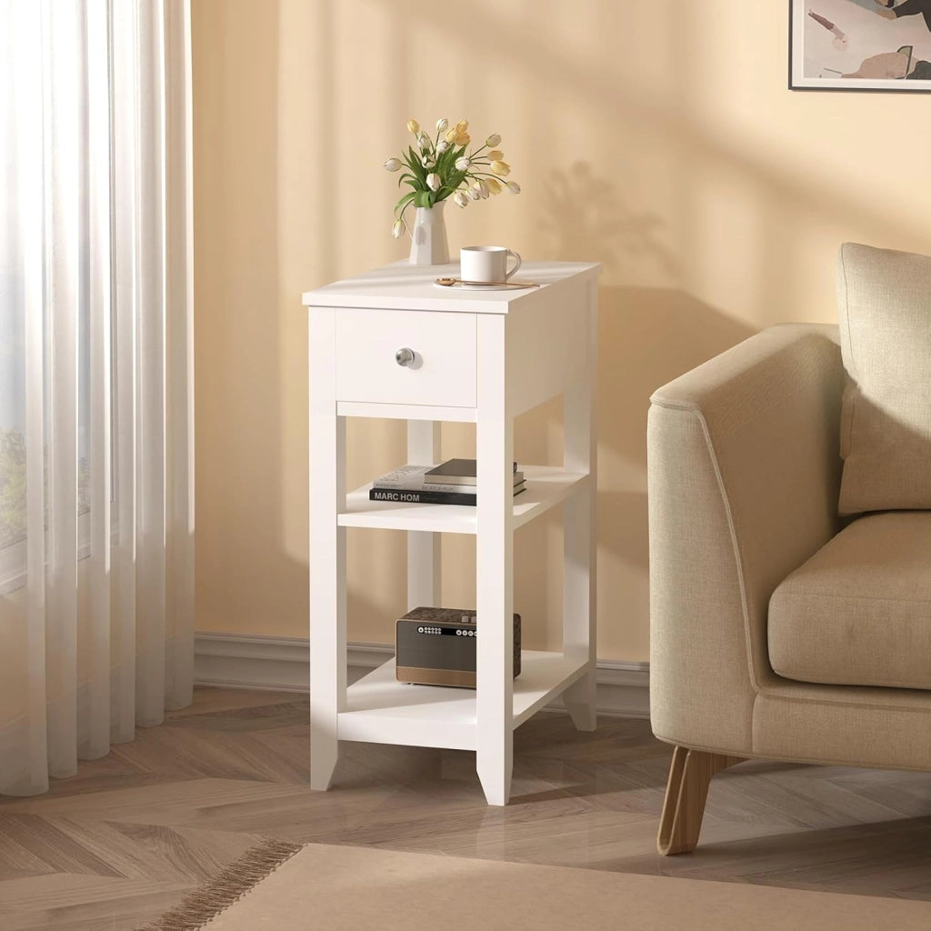 Comodino Alto e Stretto con 1 Cassetto e 2 Ripiani Aperti, Comodino per Camera da Letto, 45x28x66cm, Tavolino da caffè in Legno, Mobiletto Multiuso con Design Moderno, Bianco NTS02ws