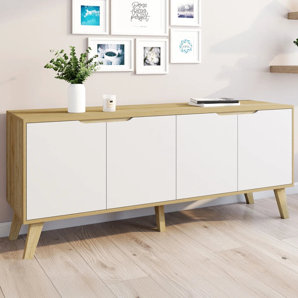 IDMarket - Credenza bassa scandinava 140 cm FINN in legno effetto faggio 4 ante bianche