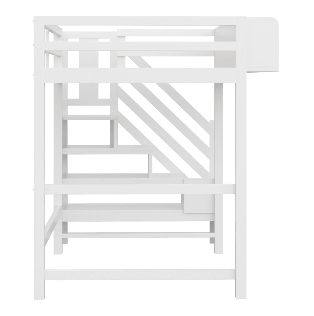 Letto a soppalco multifunzionale 90 x 200 cm in legno con LED; scala e vani portaoggetti; bianco