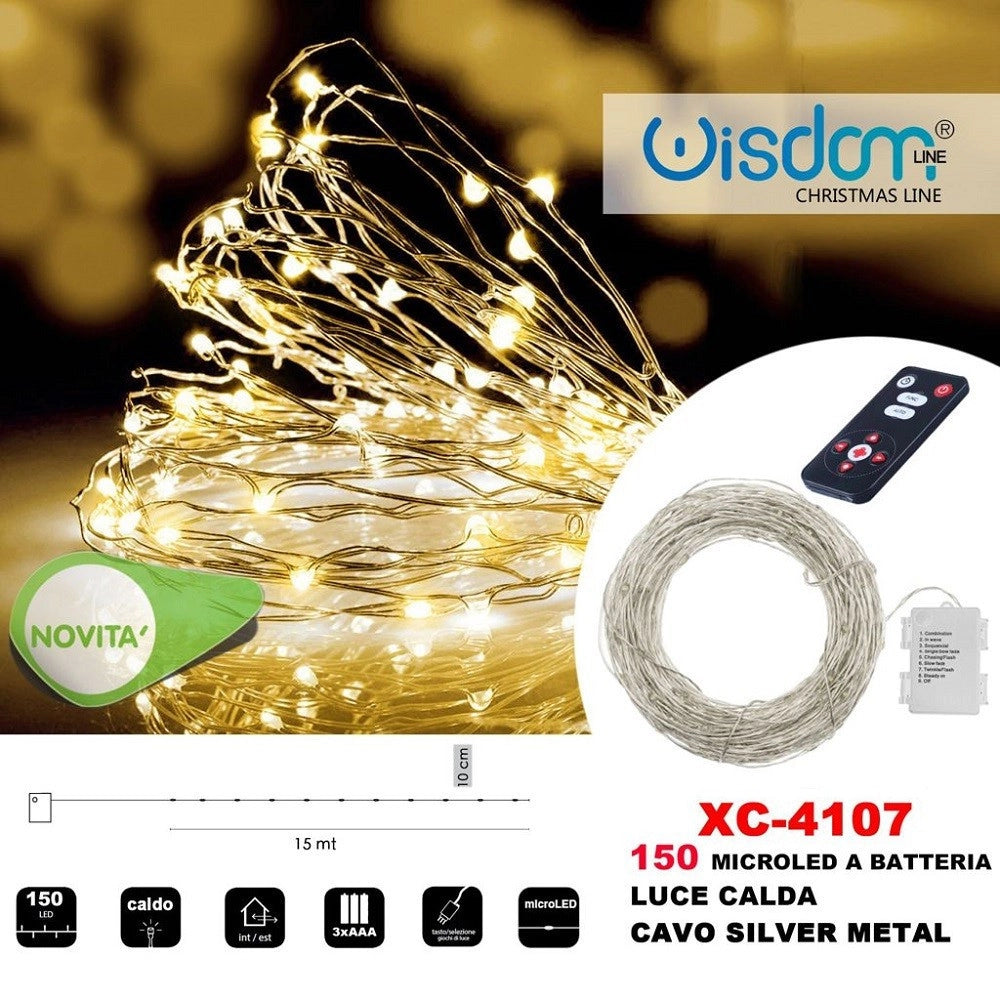 Trade Shop - Catena Luminosa 150 Microled A Batteria Cavo Silver Metal Luce Calda Xc-4107 -
