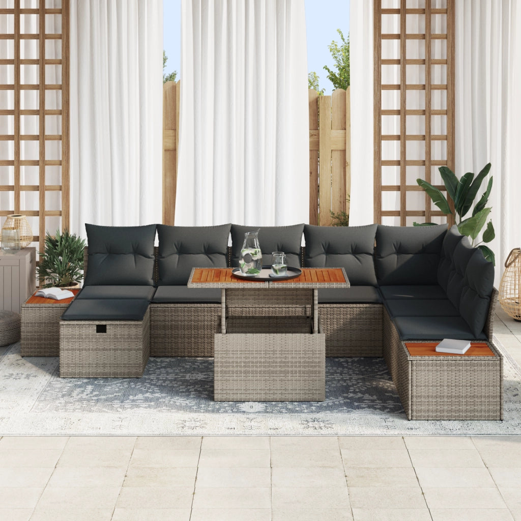Set divani giardino 9 pezzi con cuscini grigi in polyrattan