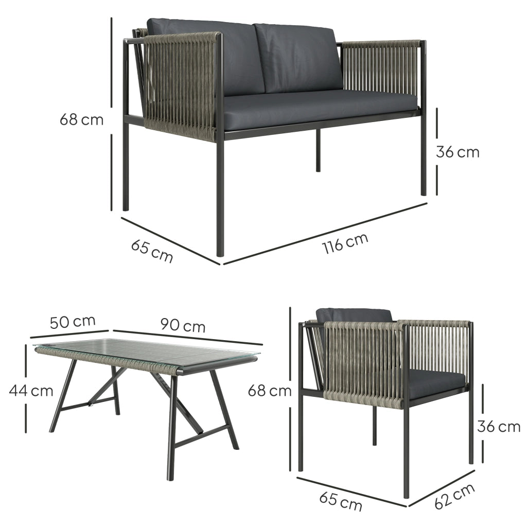 Set Salotto da Giardino con 2 Poltrone Divanetto e Tavolino da Caffè in Vetro in Rattan Grigio