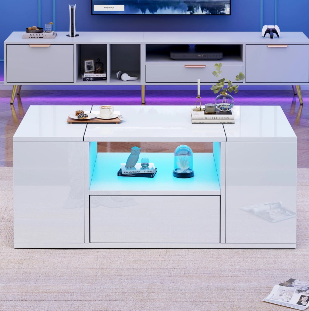 Tavolino da caffè 100x50x40 cm con LED e vani contenitore; truciolare; bianco