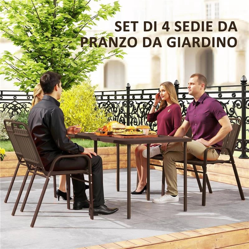 SET 4 SEDIE PER ESTERNO IMPILABILI CON SCHIENALE ALTO E BRACCIOLI IN ACCIAIO E PP 56X66X91 CM MARRONE SCURO