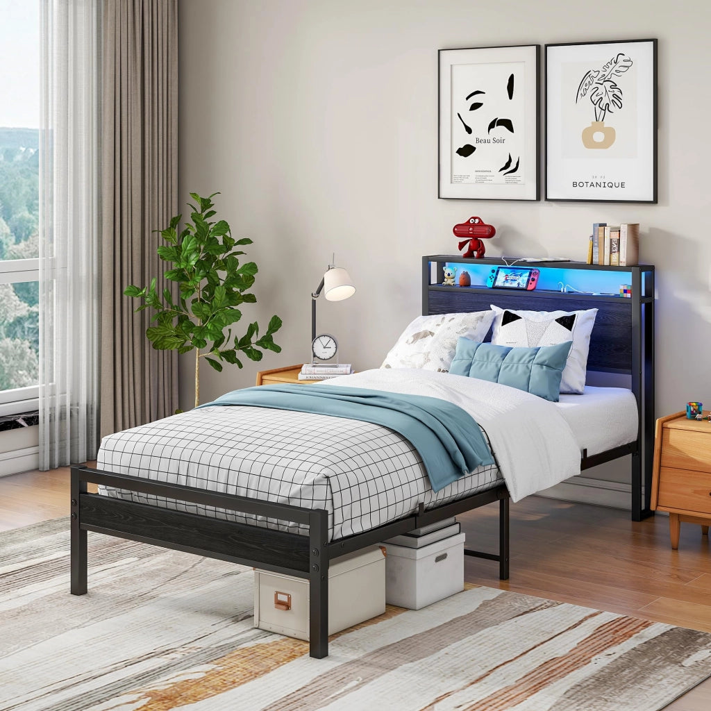 LETTO 90x200 cm con contenitore, metallo e MDF, nero, USB e LED