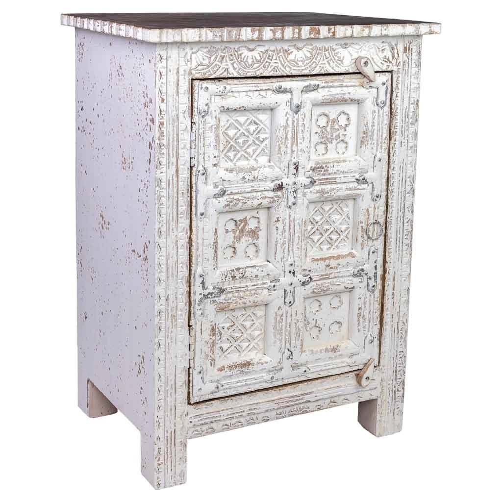 Comodino artigianale in legno con 1 anta, bianco, 53x40x73h cm