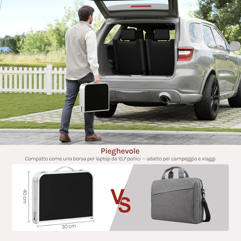 Tavolino Pieghevole Regolabile in Altezza 25/36/50/60 cm, Tavolo da Esterno con Ripiano in Rete Metallica, Piano in MDF 60x40 cm, Telaio in Metallo, per Campeggio, Barbecue, Giardino,Nero