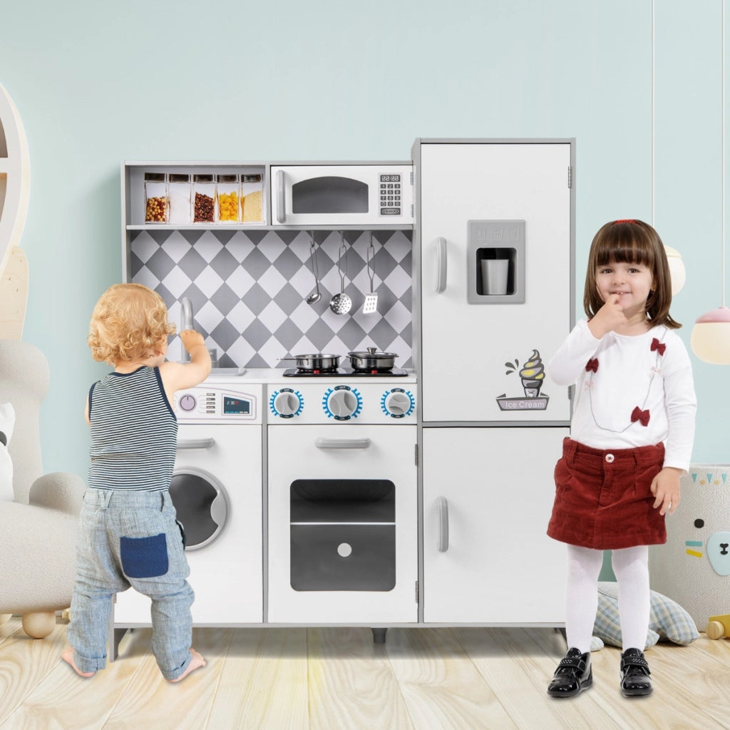 Cucina giocattolo in legno integra macchina del ghiaccio e piano cottura, Cucina giocattolo integra forno e microonde Bianco-Cucine giocattoli