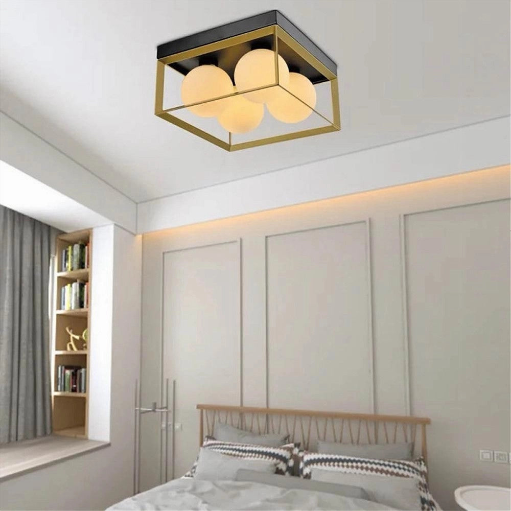 Trade Shop - Plafoniera Da Soffitto Lampada In Metallo Nero Bronzo Con 4 Sfere Vetro G9 C76-4 -