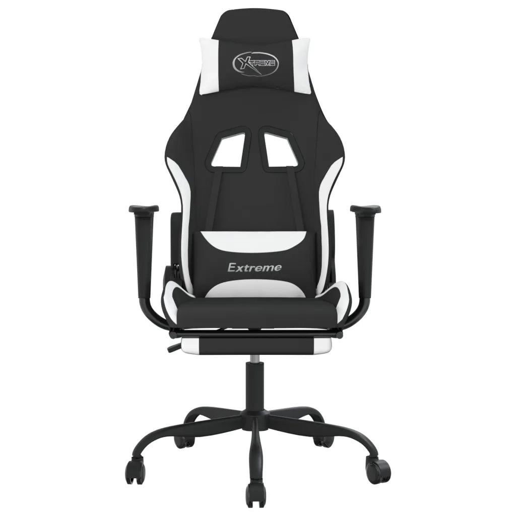 Sedia da Gaming | Sedia da e-sports Massaggio e Poggiapiedi Tessuto Nero e Bianco