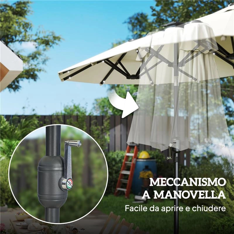 OMBRELLONE DOPPIO CON LUCI LED E MANOVELLA, IN POLIESTERE E ACCIAIO, 2.92X1.5X2.2 M, BEIGE