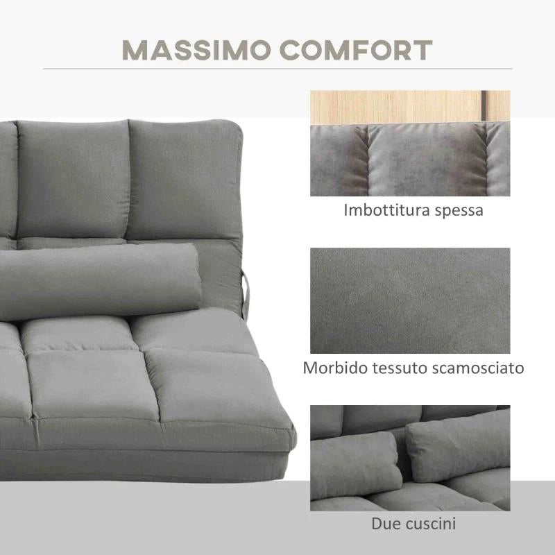 DIVANO DA TERRA 2 IN 1 CON SCHIENALE RECLINABILE SU 7 LIVELLI E CUSCINI, 130X73X60 CM, GRIGIO CARBONE