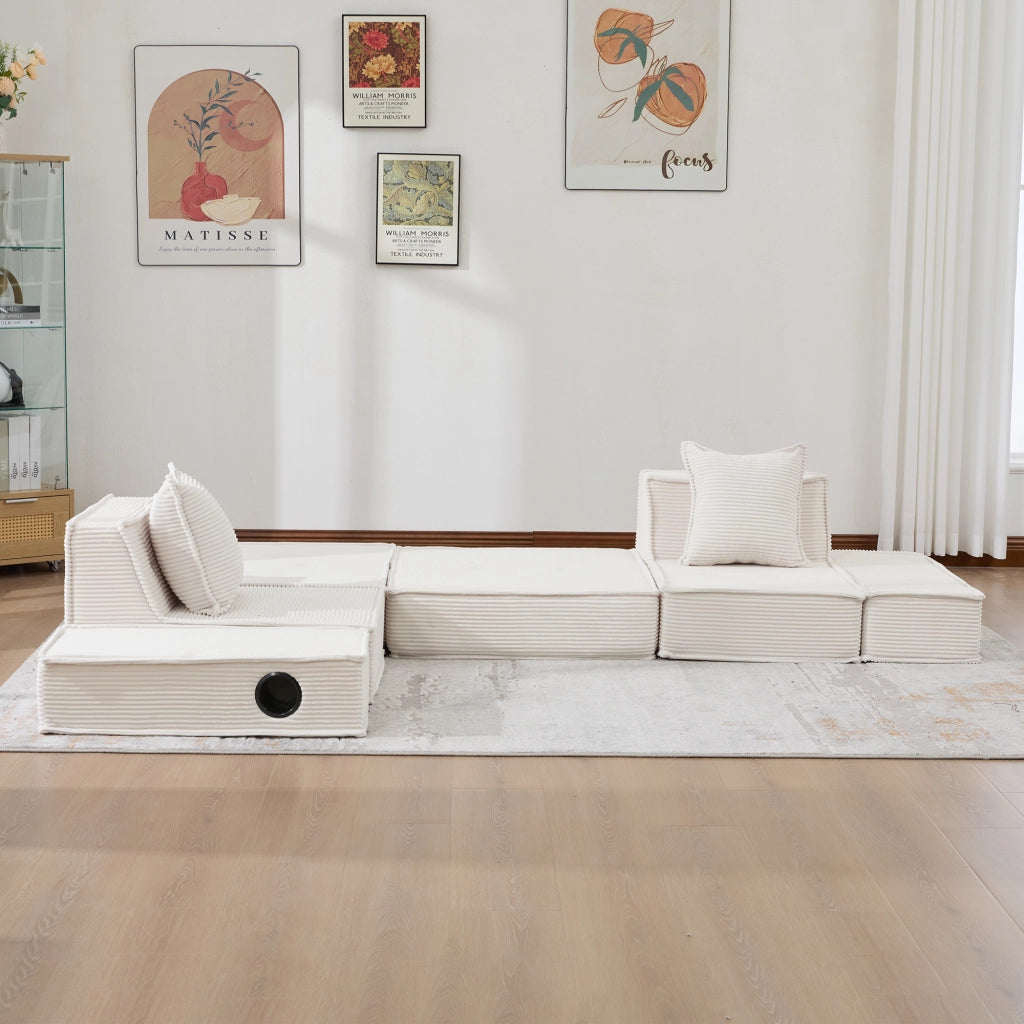 poltrona con pouf modulare con tasche laterali; 2 cuscini; design ergonomico in velluto a coste beige 162 Ã— 78 Ã— 66 cm
