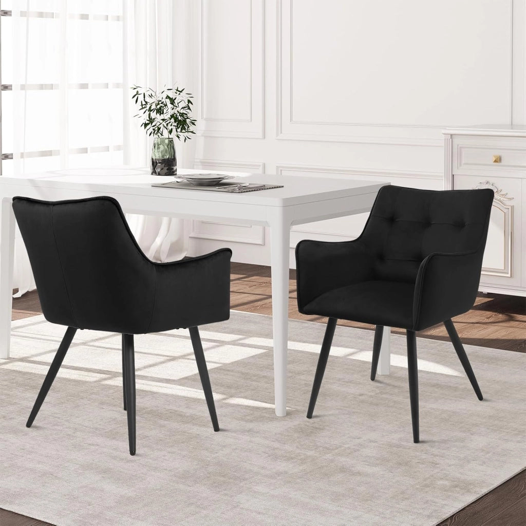 Set di 2 Sedie da Pranzo Moderne, Sedie da Cucina con Schienale e Braccioli, Poltroncine Imbottite con Gambe in Metallo, per Salotto, Ufficio e Cameretta, in Velluto, Nero, BH374sz-2