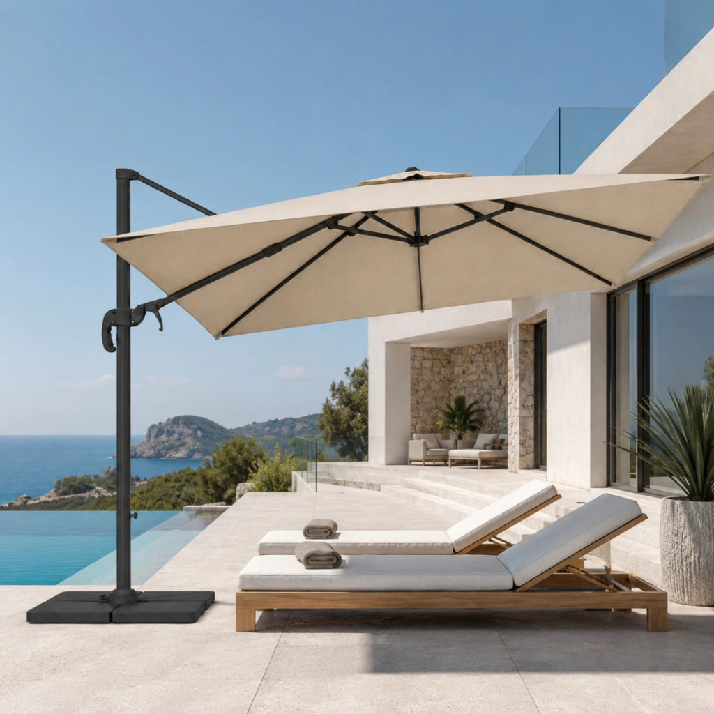 Ombrellone Professionale Per Giardino Terrazza Piscina Gazebo Dehors Bar Hotel Con Braccio Pieghevole Rotazione Completa 360° Tela Impermeabile Protezione Solare UV Acciaio Inossidabile 3x4 M Beige